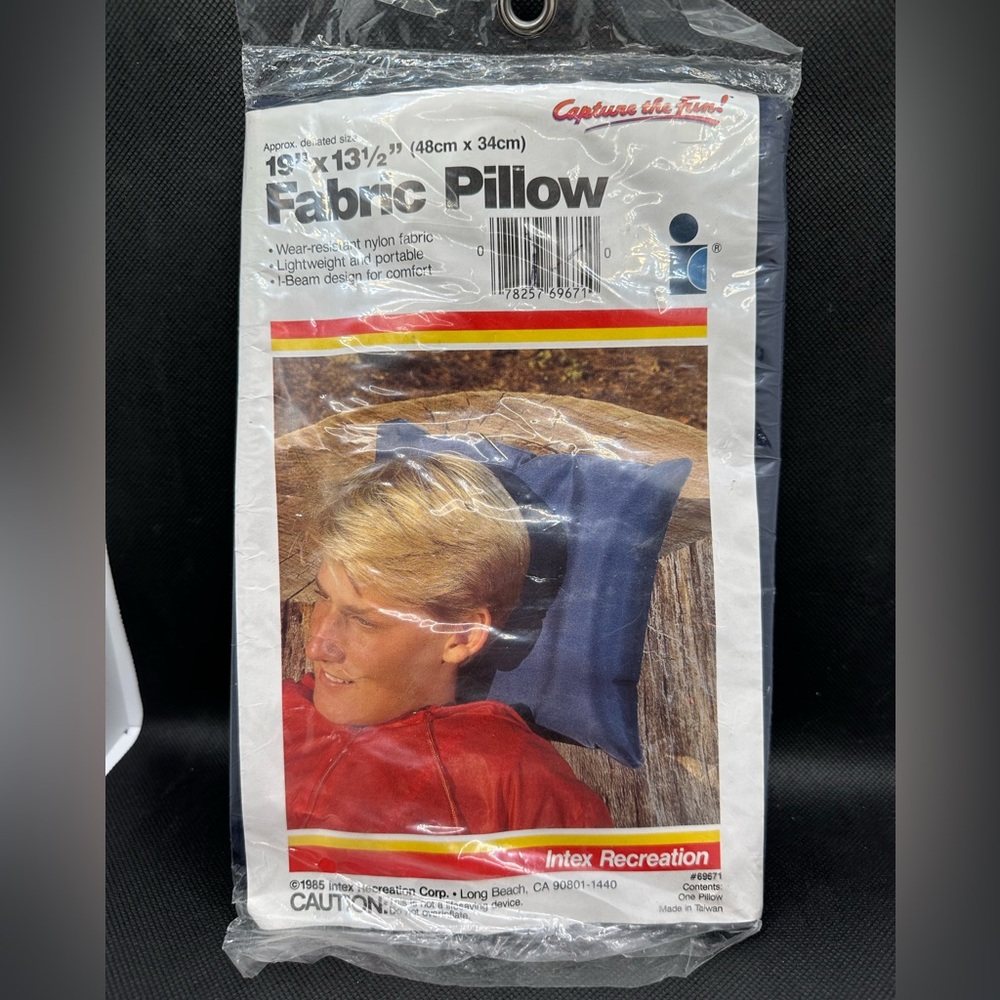 Vintage Inflatable Blue Nylon Fabric Pillow Camping Spa Bathroom 1985